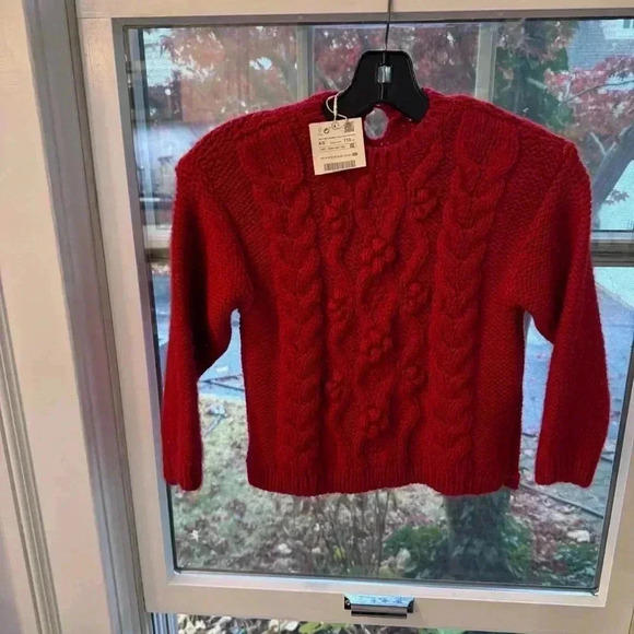 NWT ZARA GIRLS RED CABLE KNIT POPCORN SWEATER  Size 4-5 - Picture 2 of 9